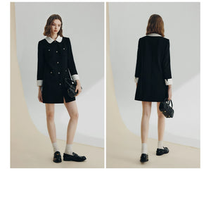 Black structured dress coat with gold button accents