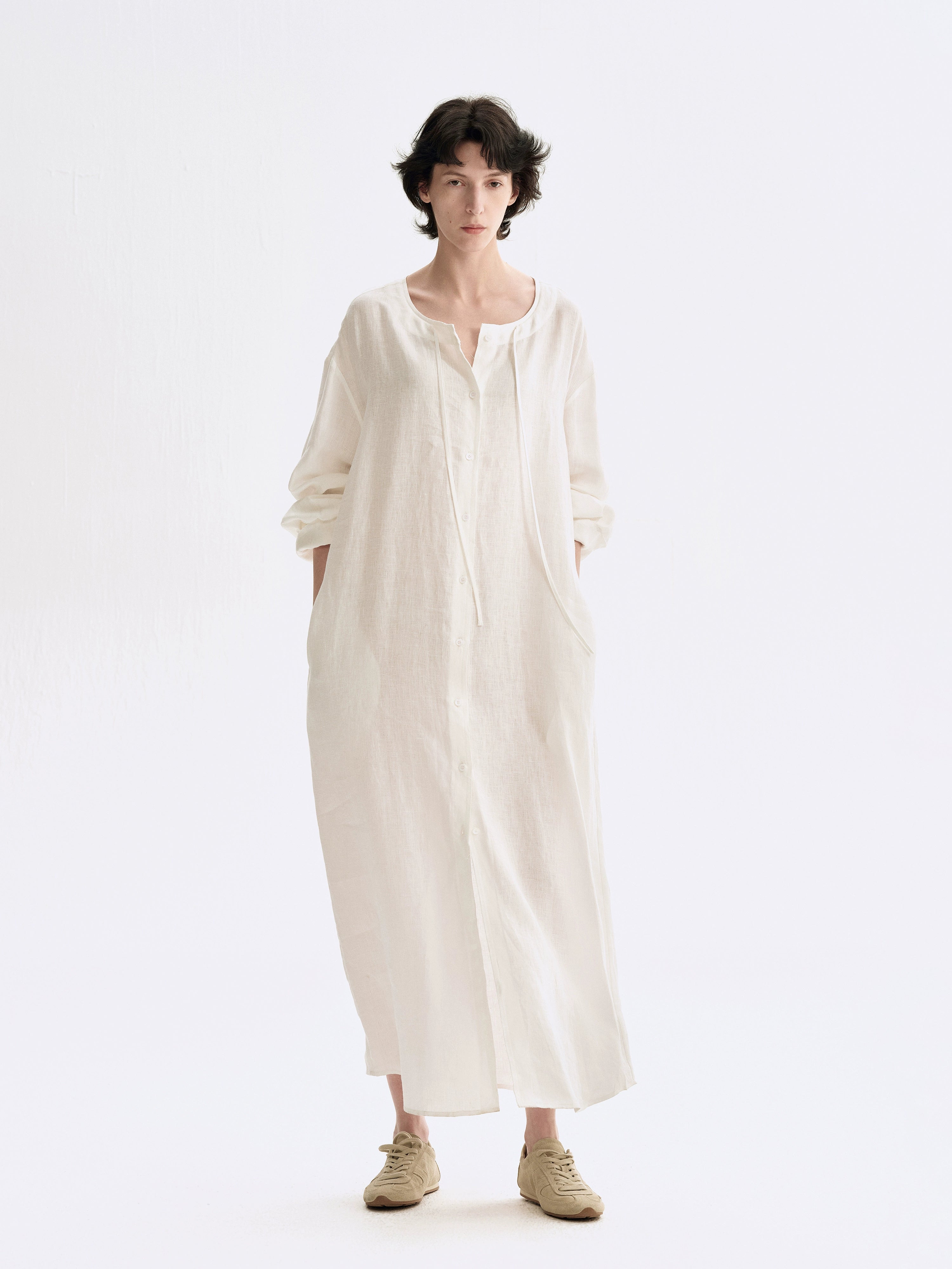 High-end linen maxi dress with frayed hem