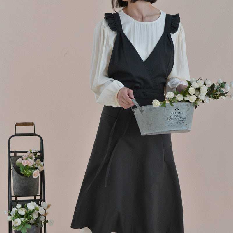 French Water-Repellent V-Neck Apron, High-Waist Floral Ruffle Workwear