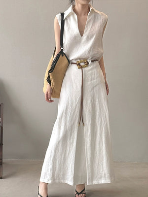 Old money linen skirt set with sleeveless shirt and belt