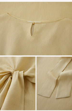 Front view of cotton midi dress with tie accent