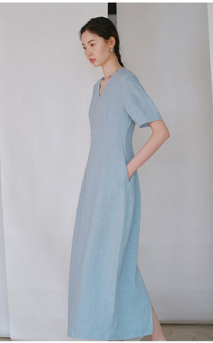Full-length view of classic linen summer dress in natural light