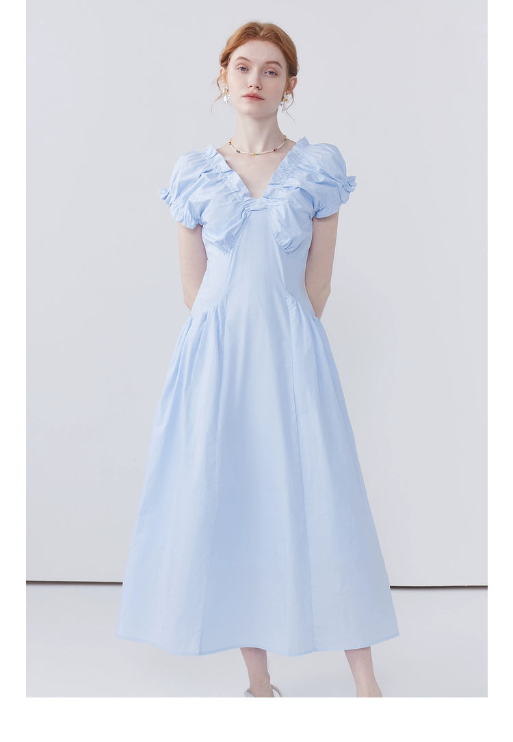 Elegant baby blue ruffled V-neck midi dress with puff sleeves