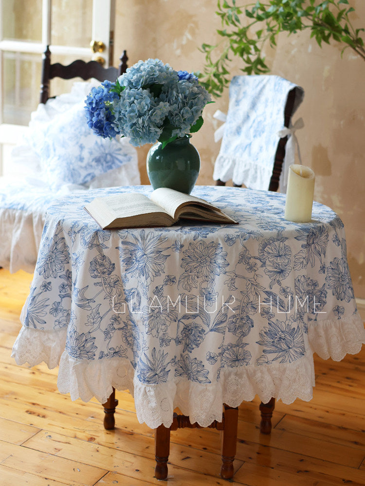 French Ruffled Round Tablecloth, Elegant Cotton Dining Table Cover