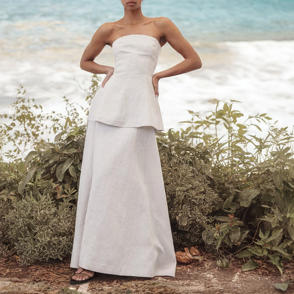 White linen strapless maxi dress with peplum waist