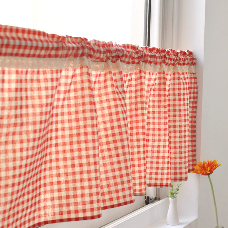 Red Gingham Lace Cafe Curtains, Vintage Half Window Curtain for Kitchen