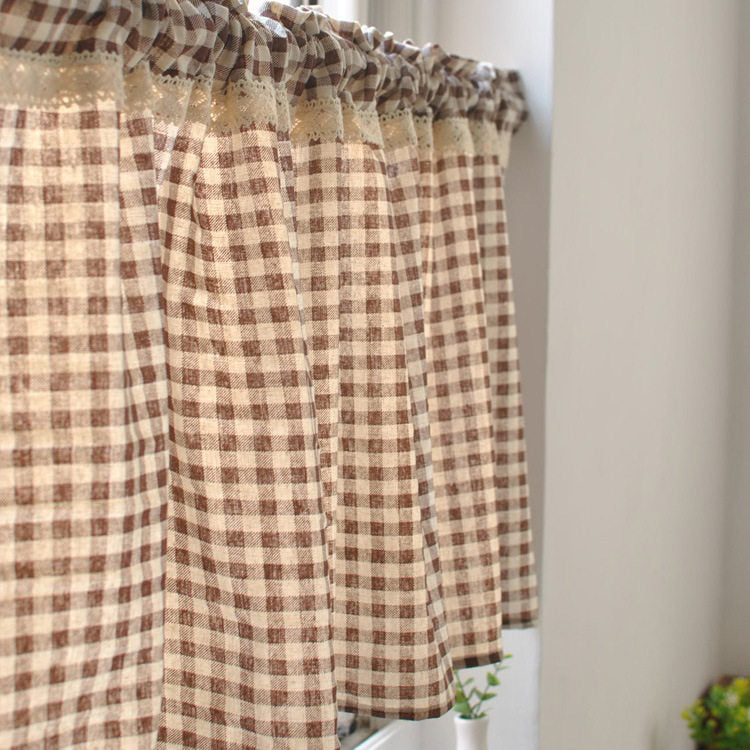 Red Gingham Lace Cafe Curtains, Vintage Half Window Curtain for Kitchen