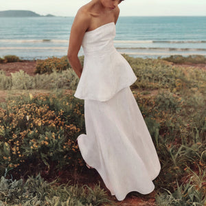 Strapless resort-style linen dress for warm weather
