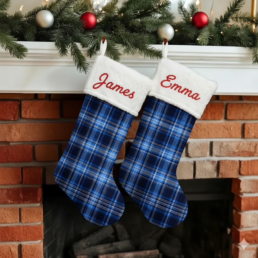 Personalized Blue Tartan Christmas Stocking | Embroidered Name on White Plush Cuff