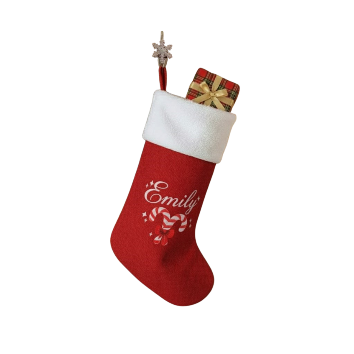 Personalized Christmas Stocking | Printed Name & Candy Cane Heart with White Plush Cuff