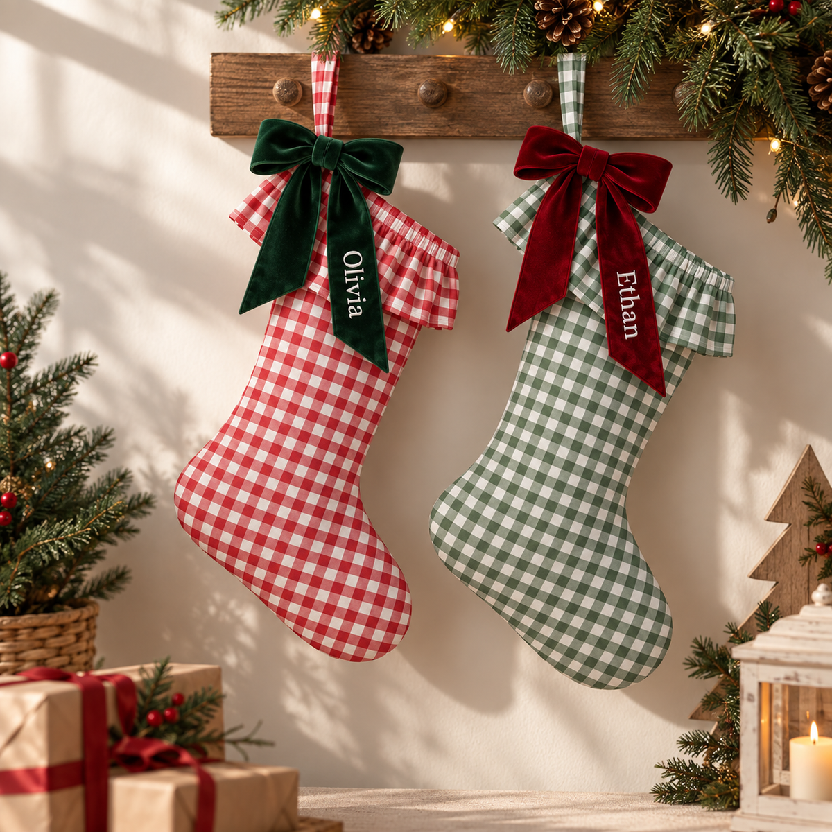 Personalized Gingham Ruffle Christmas Stocking | Printed Name on Velvet Bow