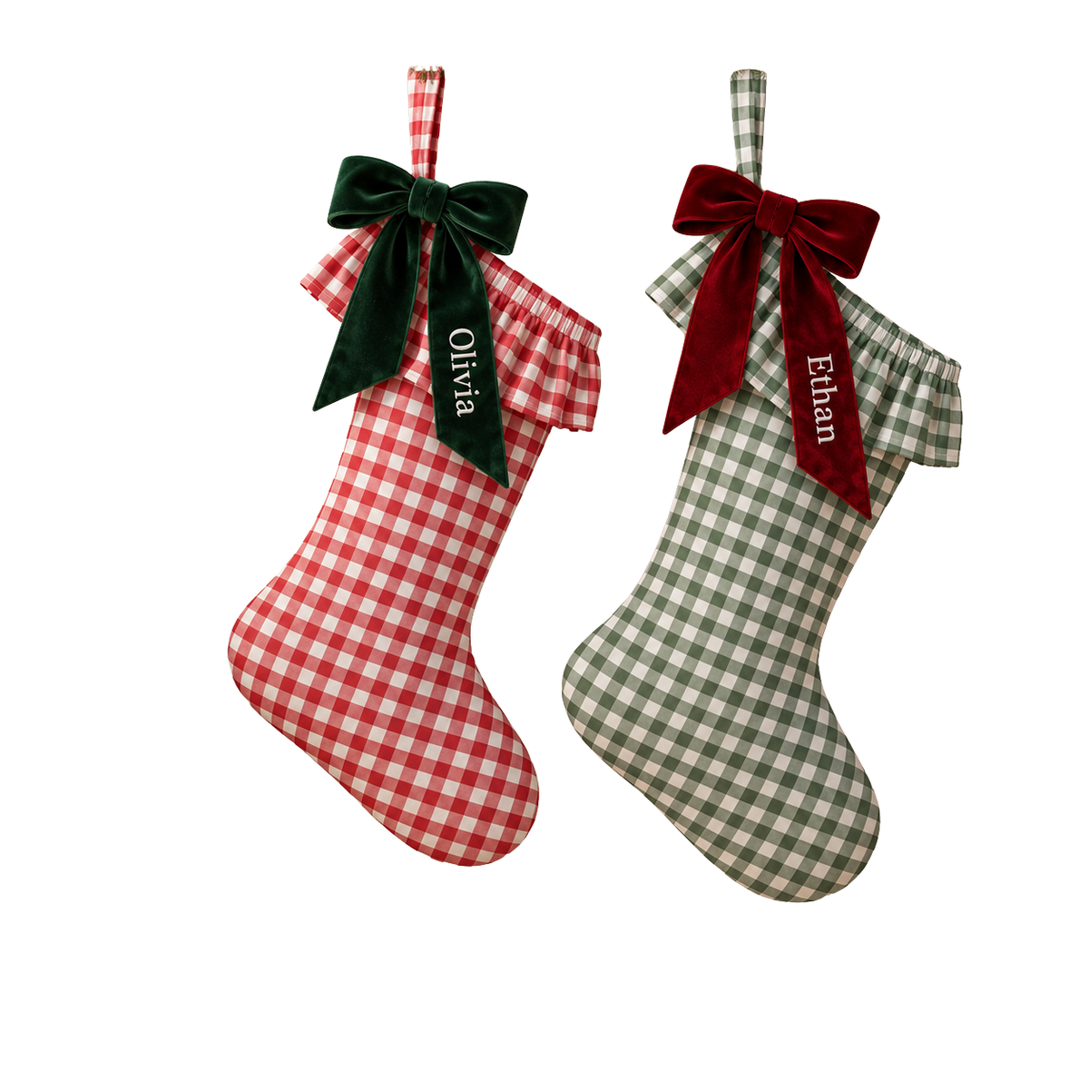 Personalized Gingham Ruffle Christmas Stocking | Printed Name on Velvet Bow