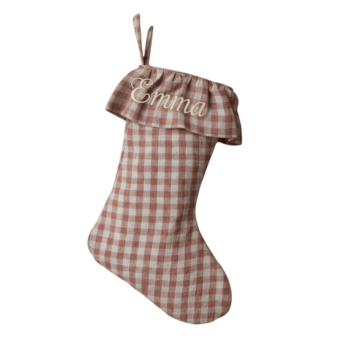 Personalized Gingham Christmas Stocking | Embroidered Name on Gathered Ruffle Top
