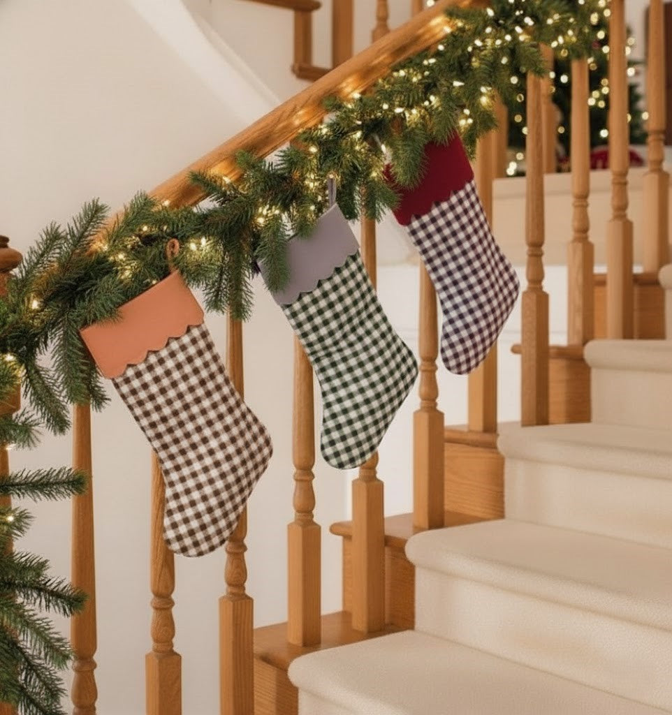 Gingham Christmas Stocking with Contrast Solid Cuff | Classic Holiday Stocking