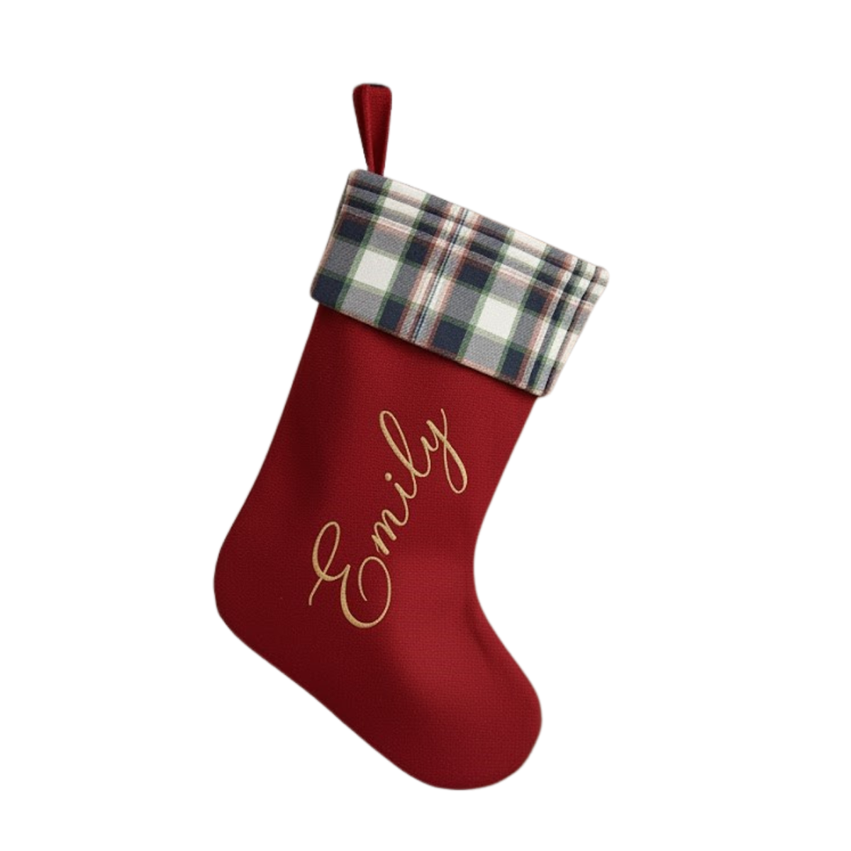 Personalized Christmas Stocking | Gold Script Name with Navy & Green Plaid Cuff