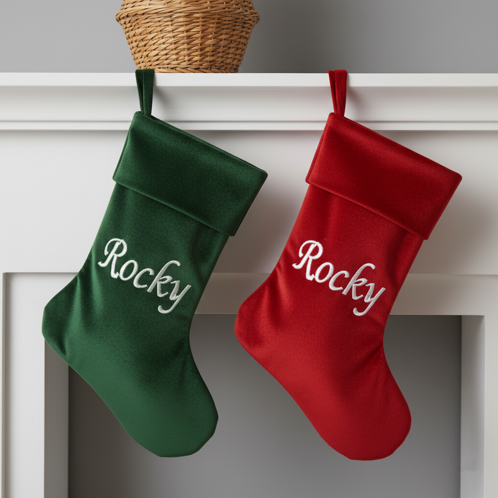 Personalized Velvet Christmas Stocking | Embroidered Script Name with Matching Fold-Over Cuff