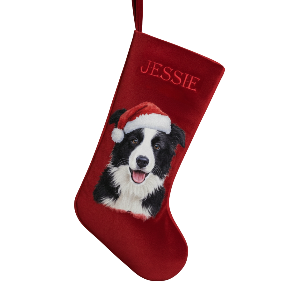 Custom Pet Portrait Velvet Christmas Stocking | Printed Dog Portrait with Santa Hat & Embroidered Name