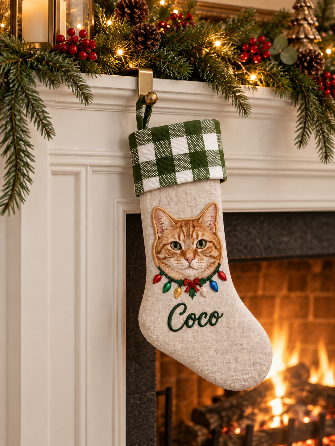 Custom Pet Christmas Stocking | Applique Pet Portrait with Embroidered Name & Green Gingham Cuff