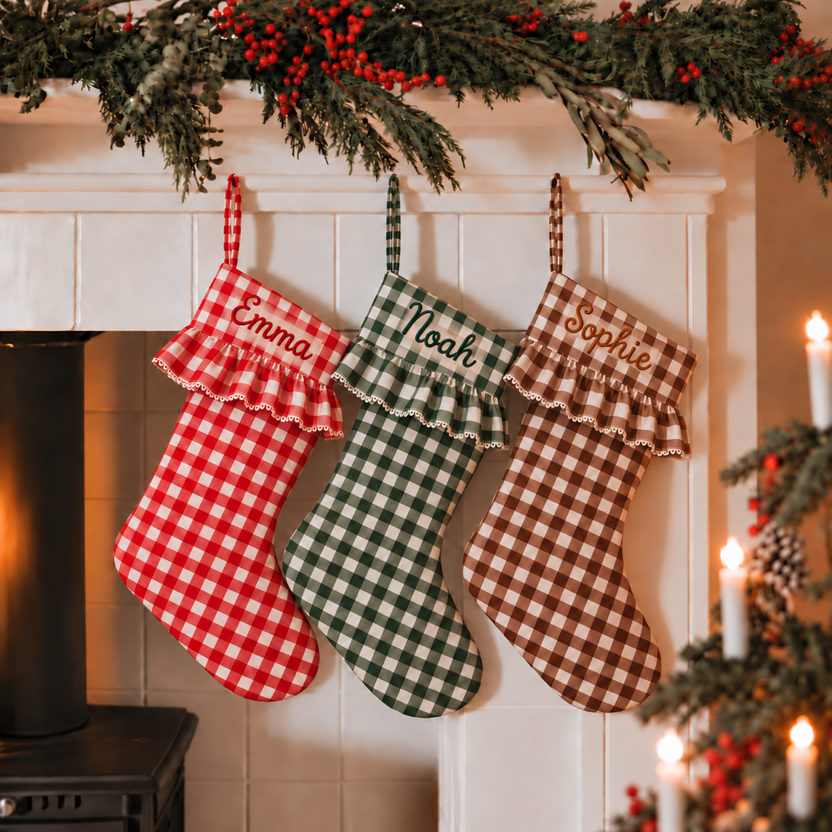 Personalized Gingham Christmas Stocking | Embroidered Name on Ruffled Gingham Cuff