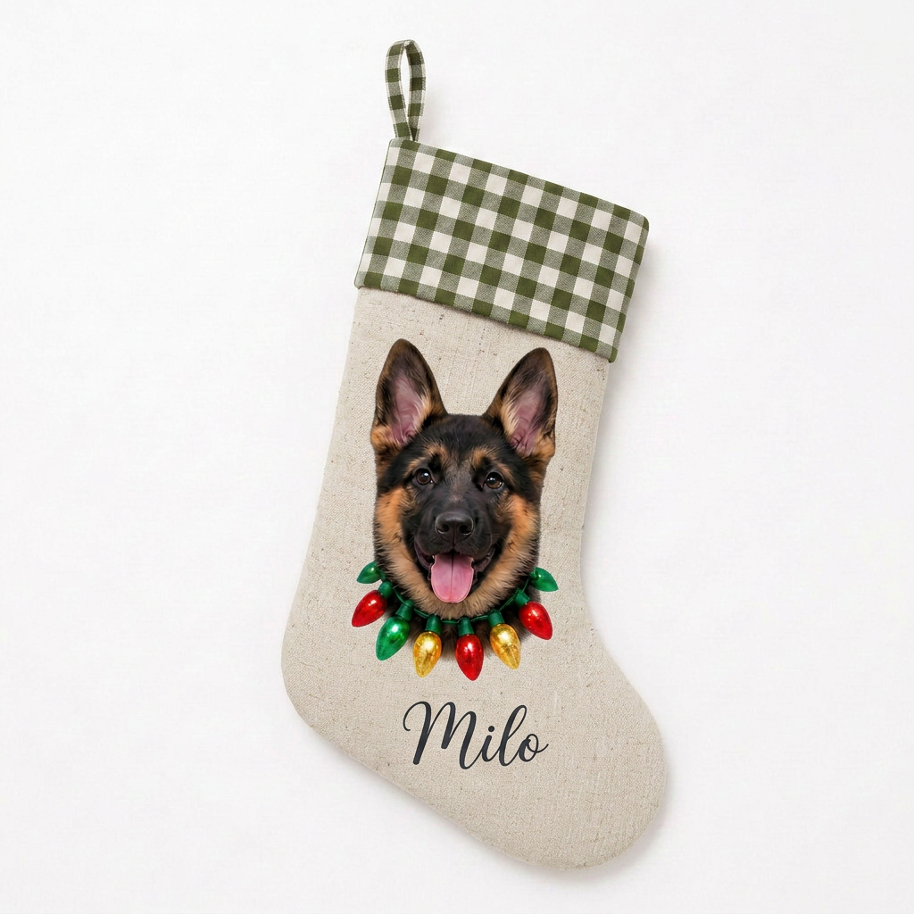 Custom Pet Christmas Stocking | Personalized Printed Pet Portrait with Christmas Lights & Green Gingham Cuff