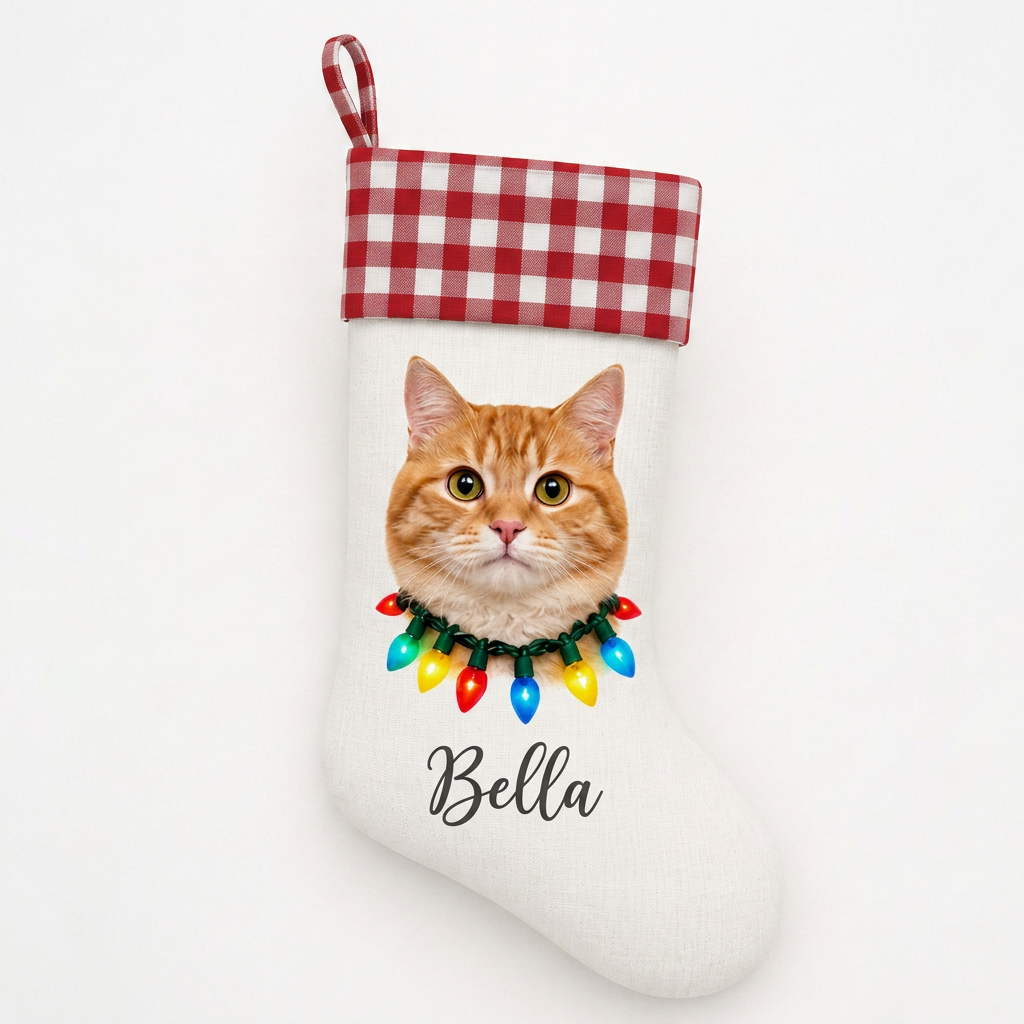 Custom Pet Christmas Stocking | Personalized Printed Pet Portrait with Christmas Lights & Red Gingham Cuff