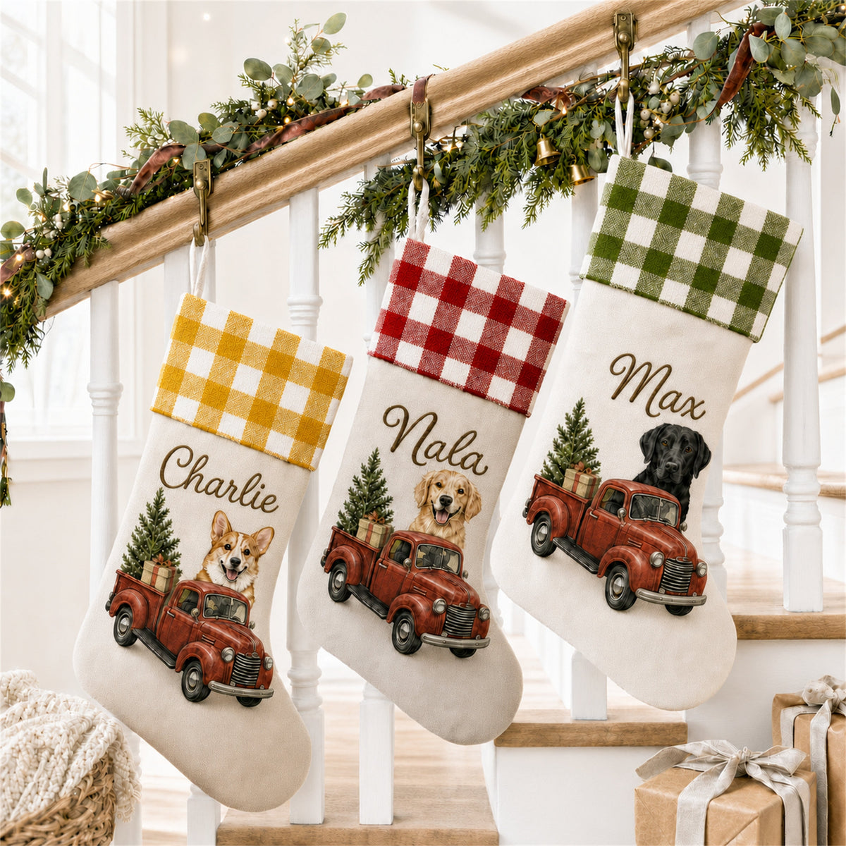 Custom Pet Christmas Stocking | Personalized Printed Pet Portrait in a Red Christmas Truck with Gingham Cuff