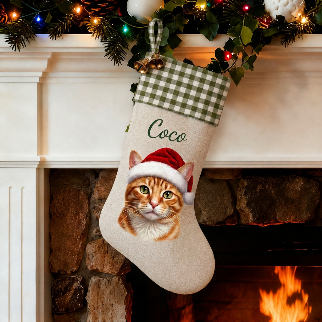 Custom Pet Christmas Stocking | Personalized Printed Pet Portrait with Santa Hat & Green Gingham Cuff