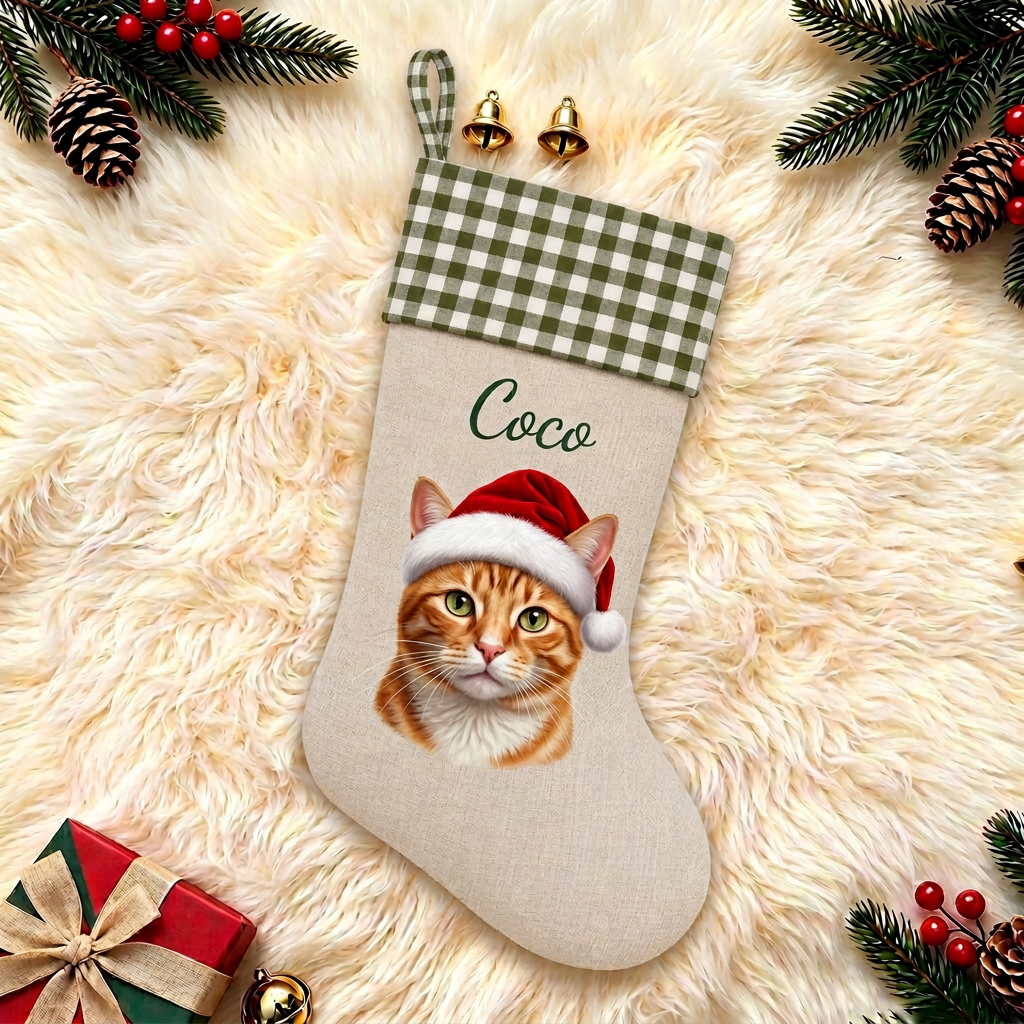 Custom Pet Christmas Stocking | Personalized Printed Pet Portrait with Santa Hat & Green Gingham Cuff