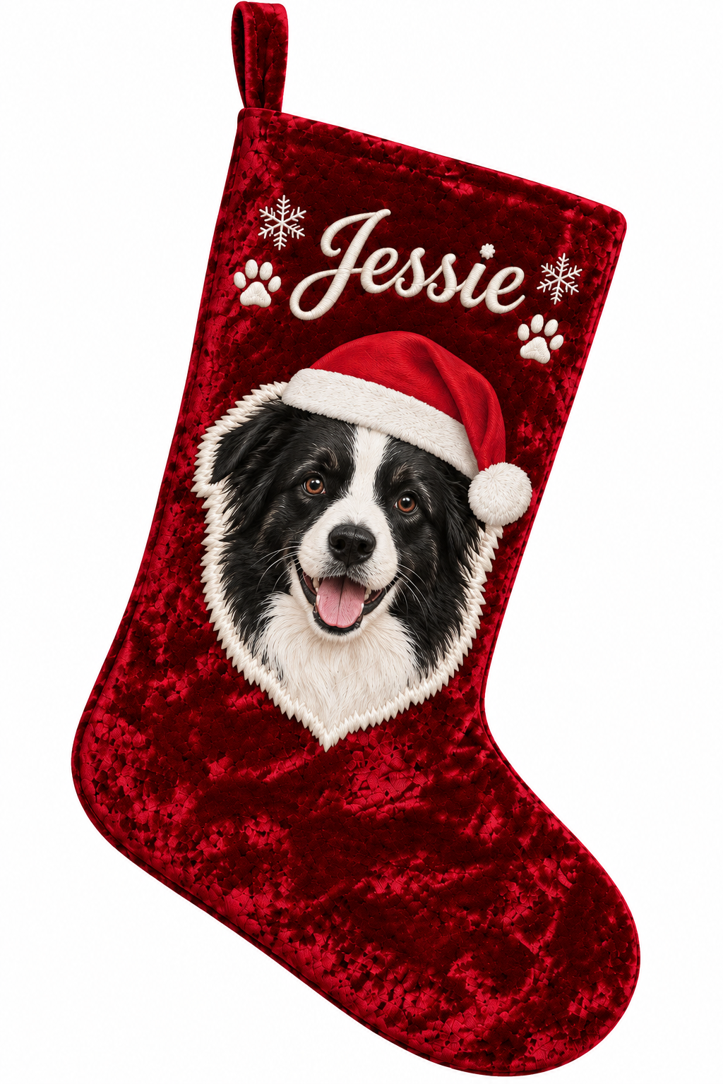 Custom Velvet Pet Christmas Stocking | Color Applique Dog Portrait with Santa Hat & Embroidered Name