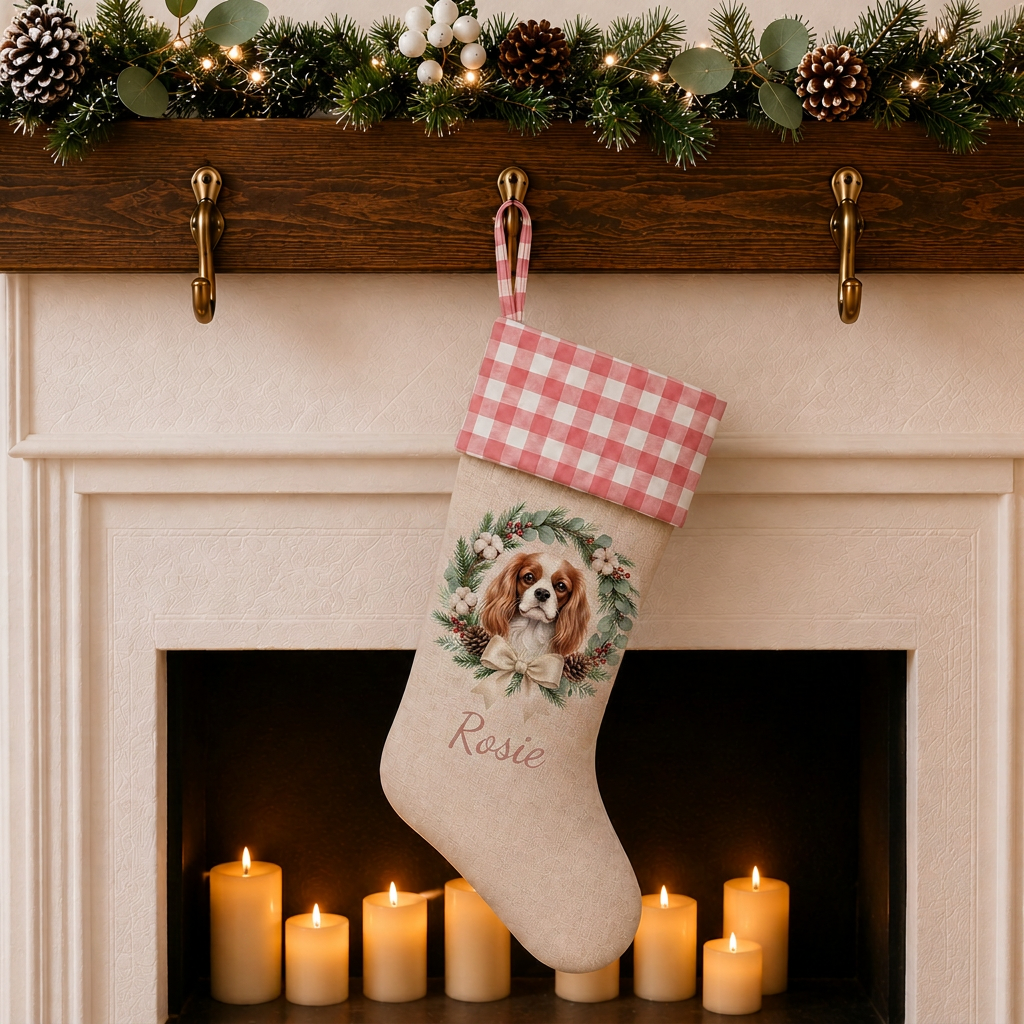 Personalized Pet Christmas Stocking | Custom Printed Pet Portrait in a Christmas Wreath with Pink Gingham Cuff