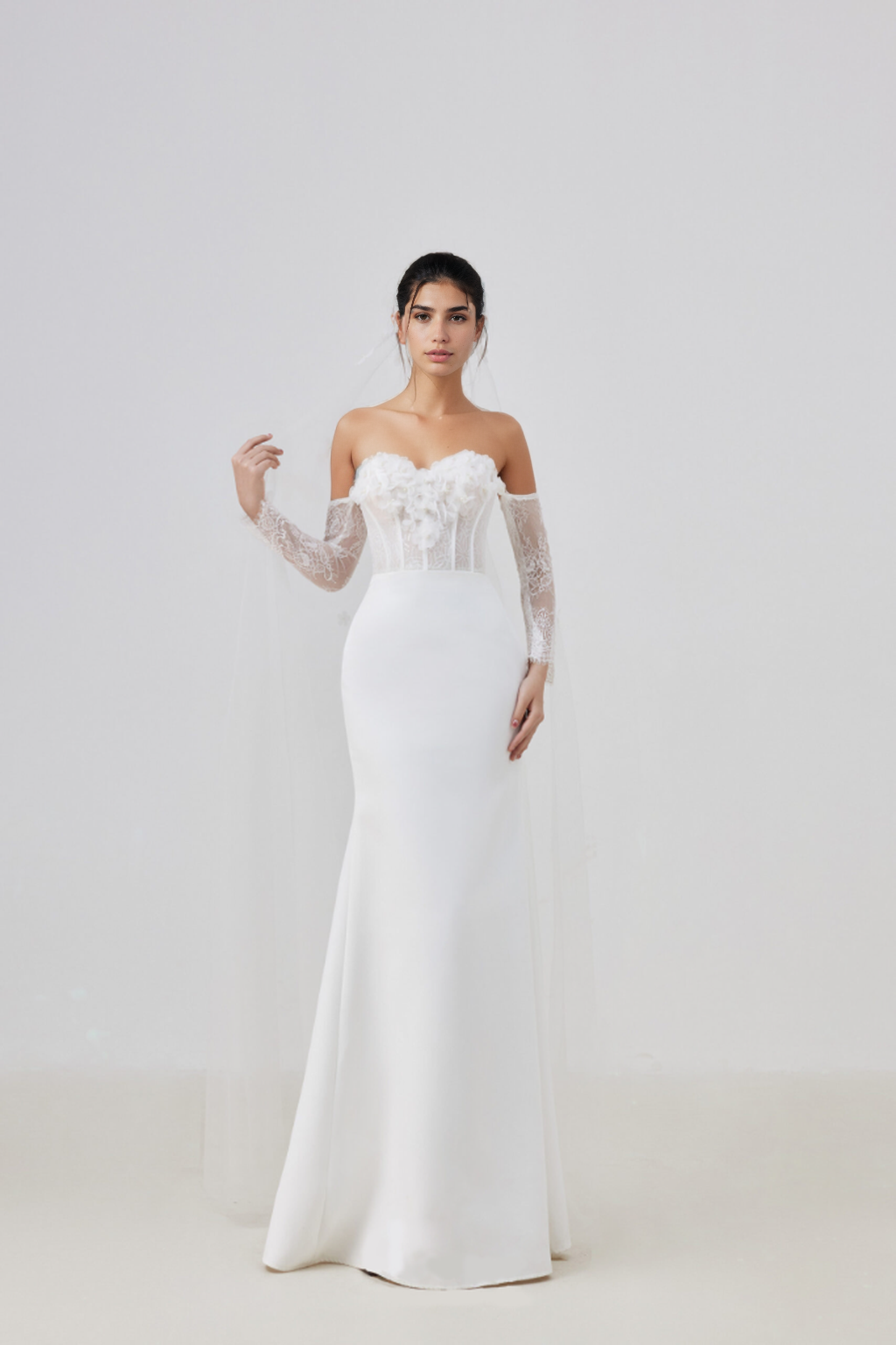 Cupped bodice dress with 3D floral embellishments on the sleeves with Chapel Wedding Veil