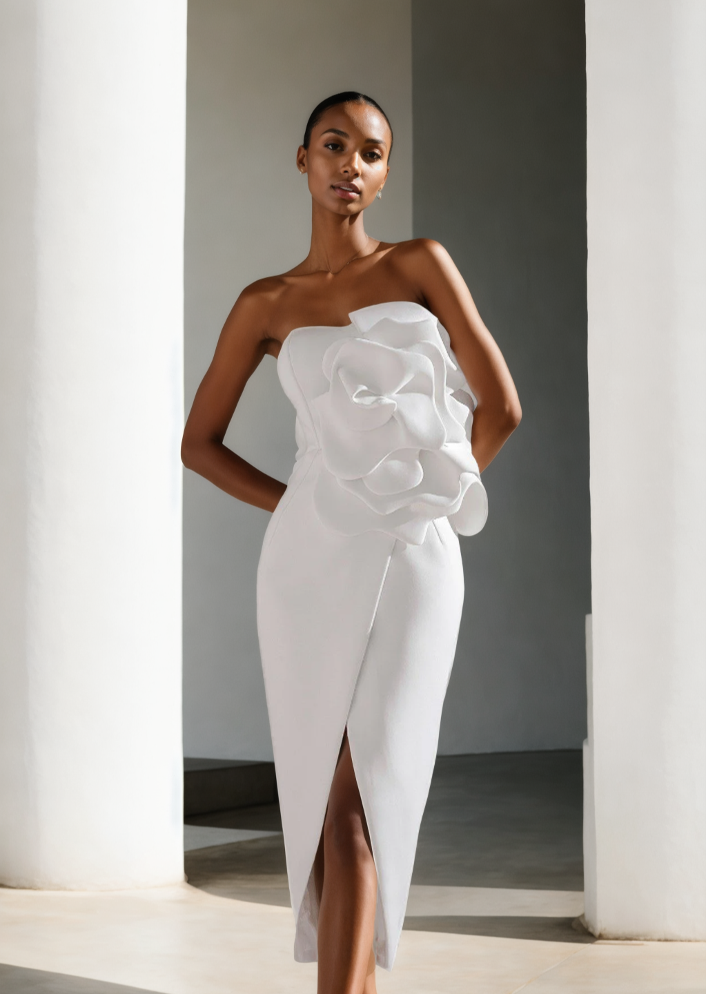 Calypso bodycon dress with floral bust detailing