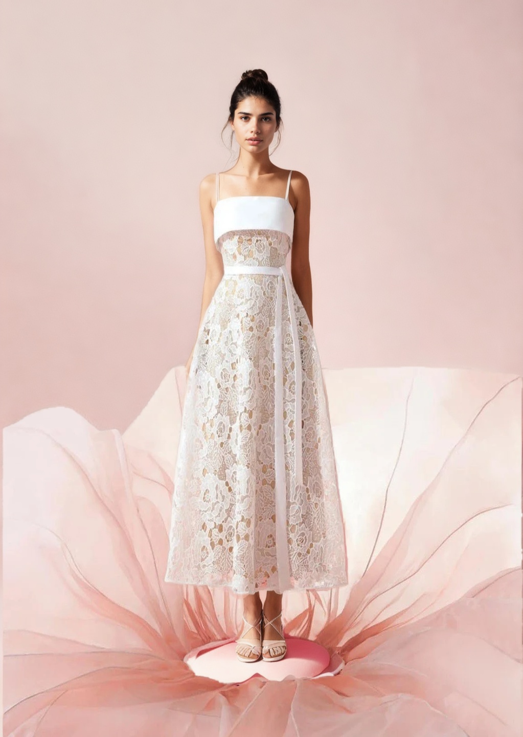 Phoenix lace flared dress with spaghetti straps