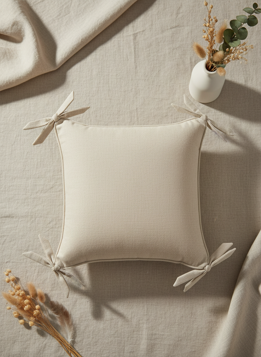 Decorative Throw Pillow Cover with Corner Ribbon Ties