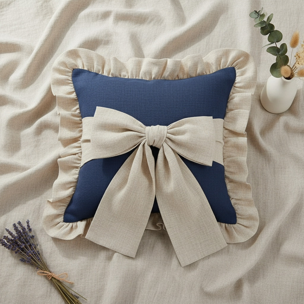 Romantic Ruffle Cushion Cover with Oversized Bow Detail