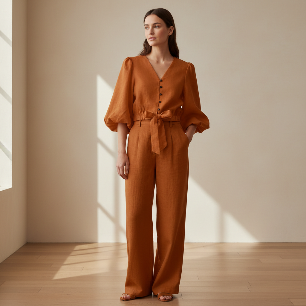 Puff Sleeve Tie-Front Cropped Top