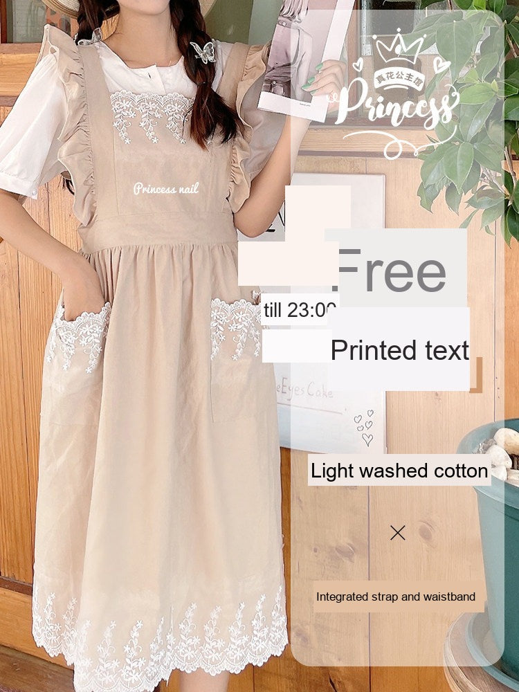 French Princess-Style Cotton Apron, Cute Cottagecore Kitchen Workwear