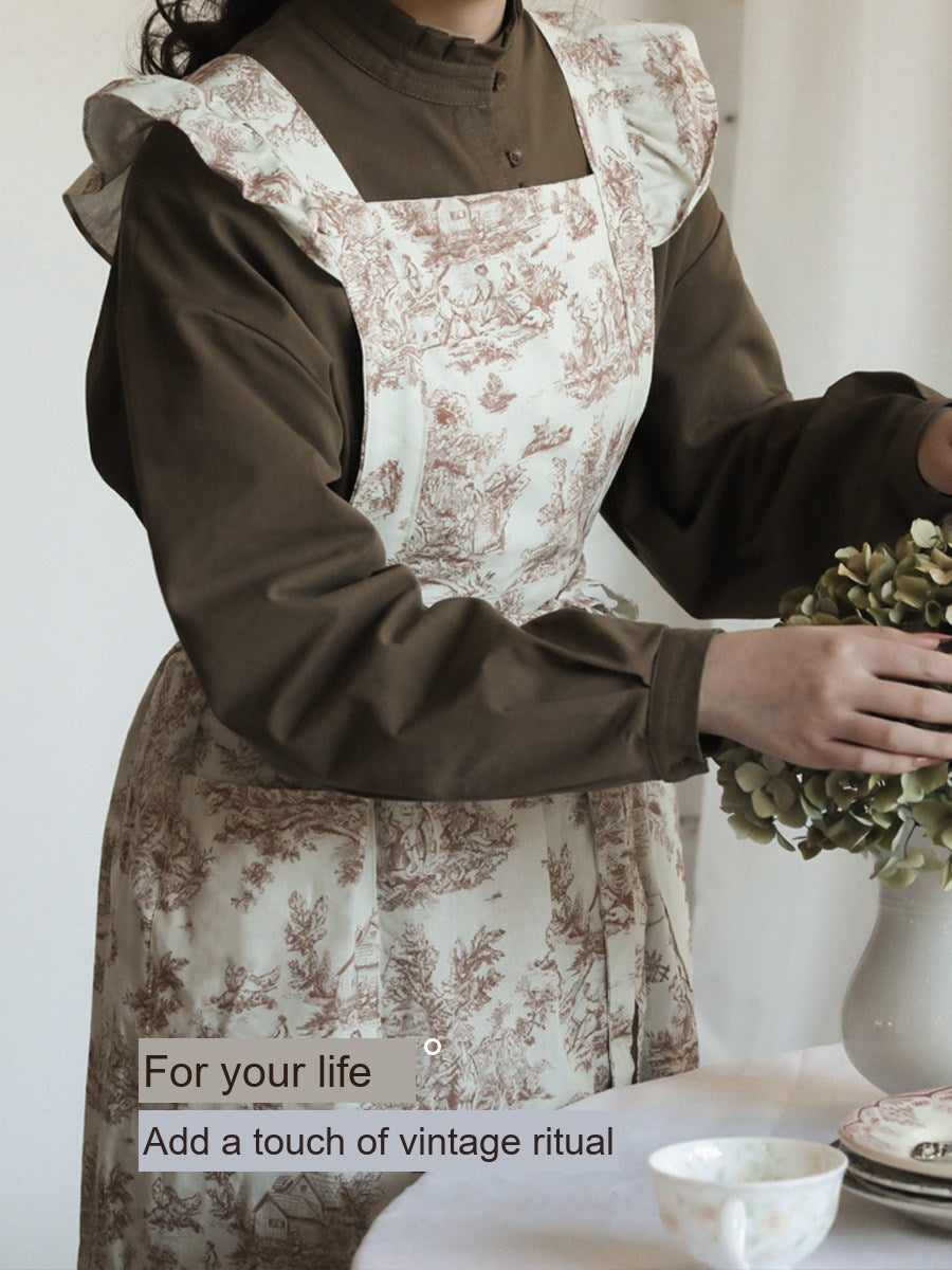 French Water-Repellent Floral Apron, Cotton Ruffle Kitchen Workwear
