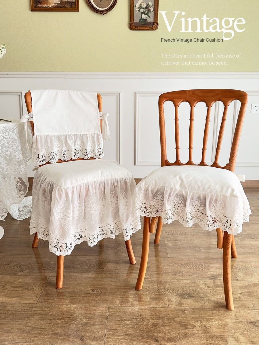 French Ruffle Chair Cushion Cover, White Lace Back Dining Chair Pad