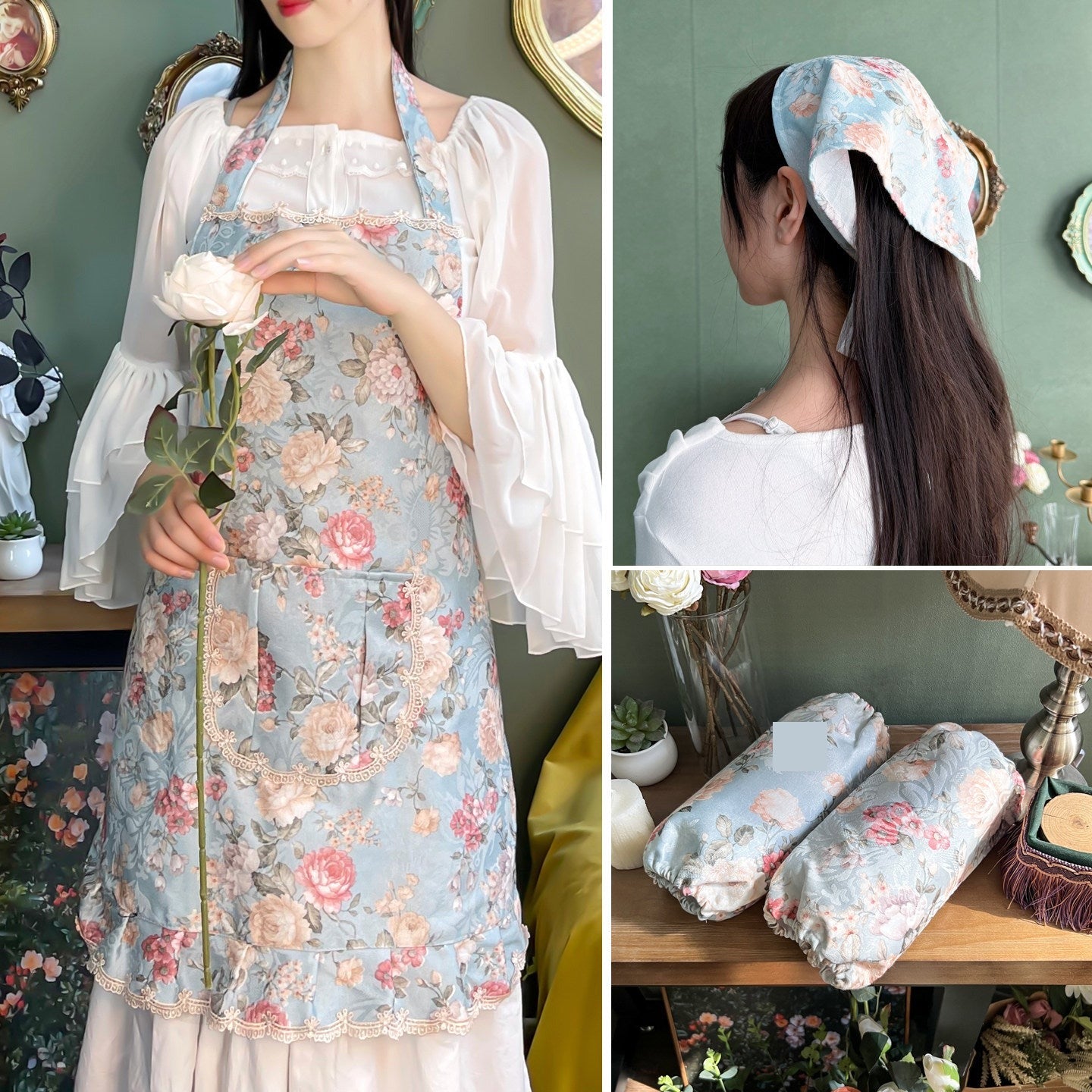 Country Floral Halter Apron, French Vintage Cute Kitchen Workwear