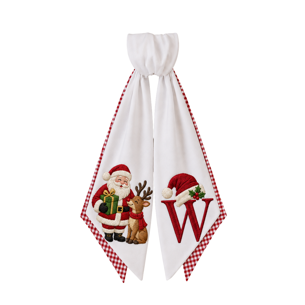 Personalized 2-Layer Christmas Wreath Sash | Custom Embroidered Santa & Reindeer Wreath Bow with Red Gingham Edge – Gingham