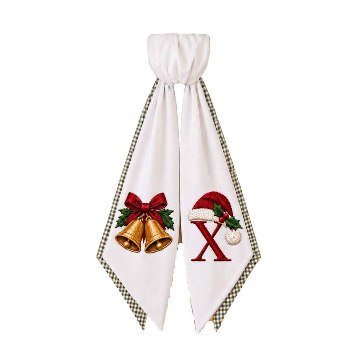 Personalized 2-Layer Christmas Wreath Sash | Custom Embroidered Christmas Bells Wreath Bow with Green Gingham Edge – Stripe