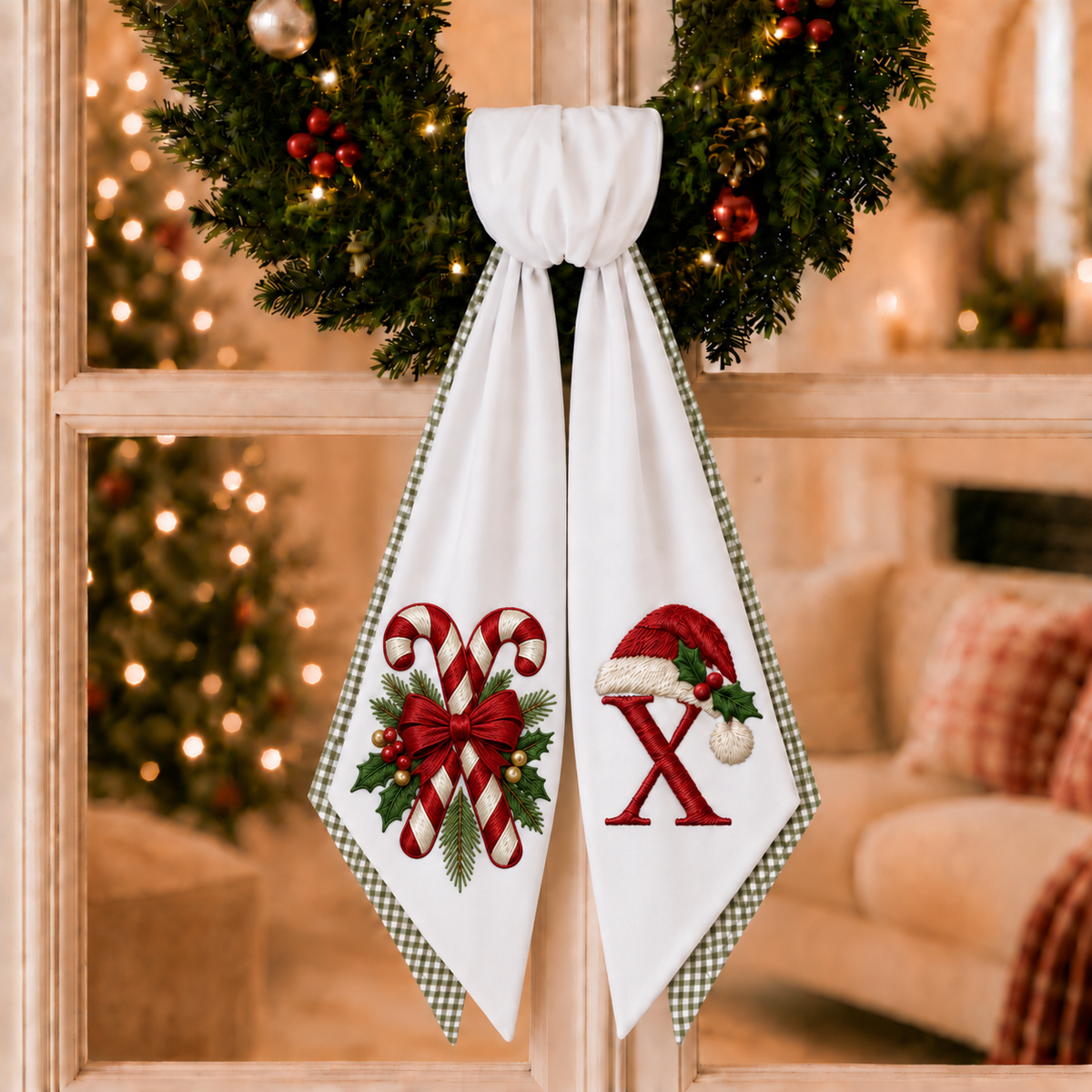 Personalized 2-Layer Christmas Wreath Sash | Custom Embroidered Candy Cane Wreath Bow with Green Gingham Edge – Stripe