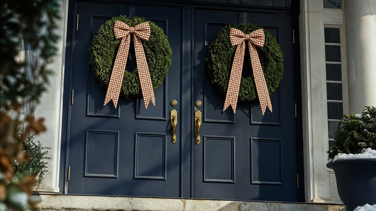 A pair of navy double front doors with identical boxwood wreaths and matching cream and red gingham sashes hung at the same height