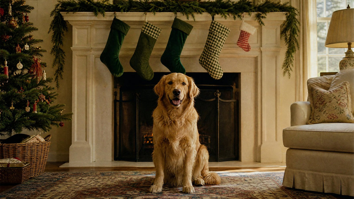A golden retriever sitting in front of a cream fireplace below a mantel hung with green velvet and gingham check Christmas stockings