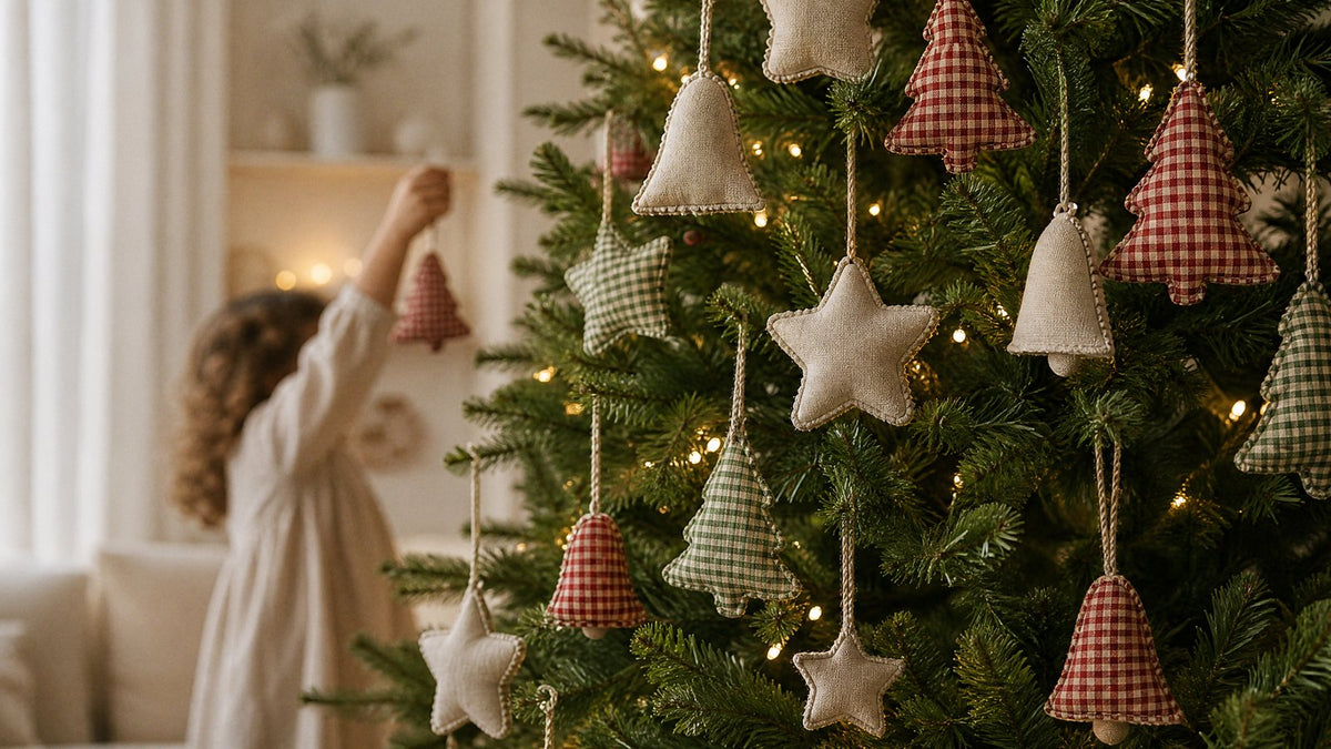 A Christmas tree hung with soft fabric ornaments in bell, star and tree shapes in natural oatmeal fabric and red and green gingham