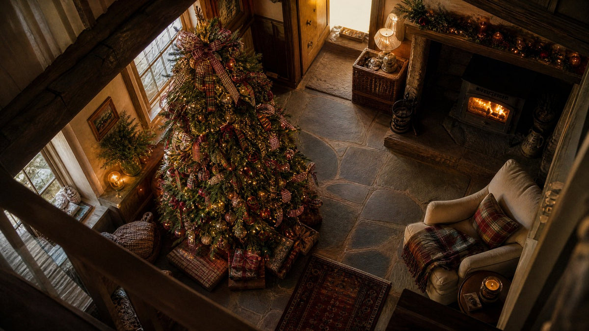 A cottage Christmas tree dressed in red and green gingham and tartan plaid in a beamed room with a flagstone floor