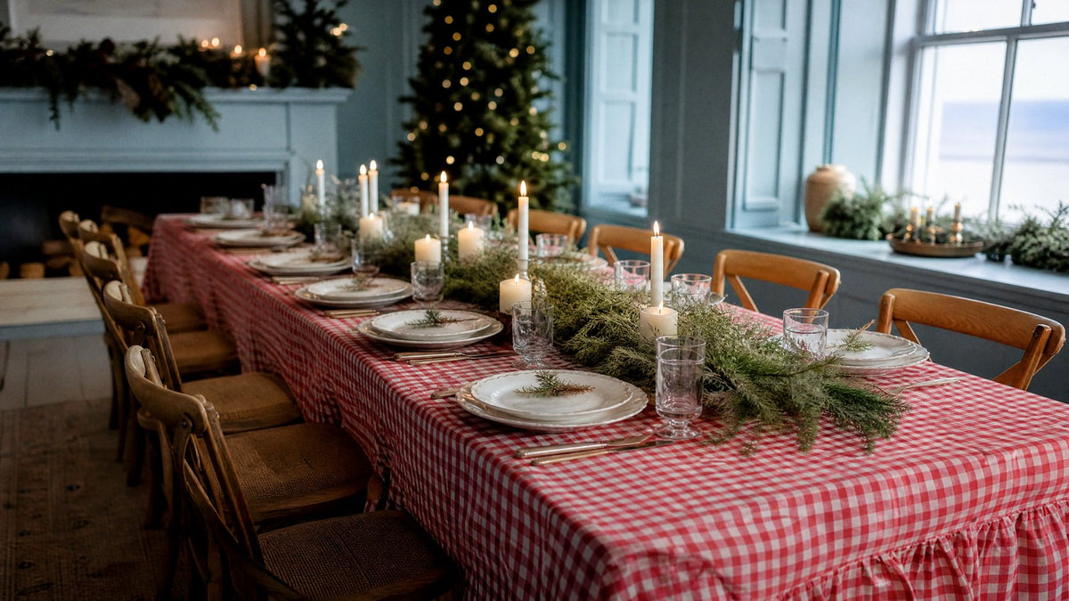 A long dining table set for Christmas with a red gingham check tablecloth with a ruffled edge, a cedar runner and white candles in a coastal room