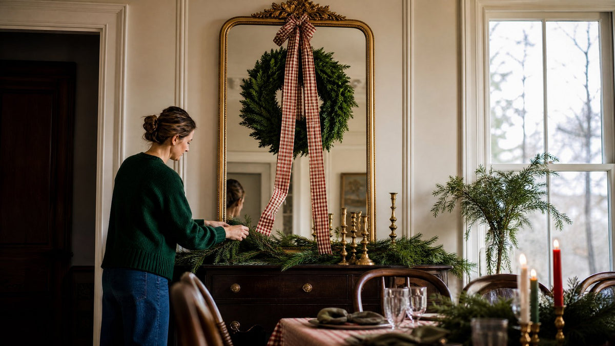 A boxwood wreath hung on a tall gilt dining room mirror with a long red gingham fabric sash whose tails fall down over the glass