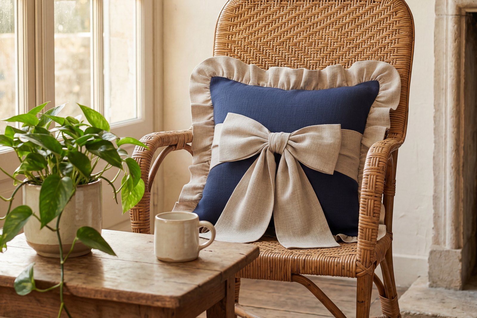 Navy linen bow cushion styled in a warm French Provincial home